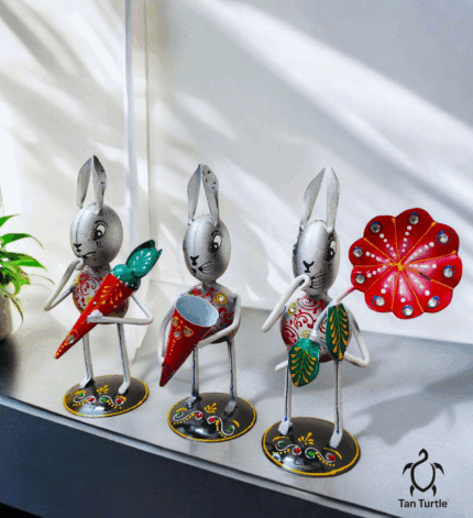 Tan Turtle Handmade Metal Rabbit Showpiece – Set of 3