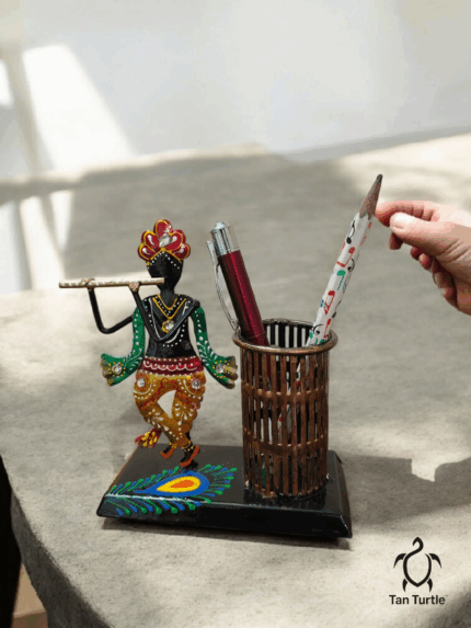 Tan Turtle Krishna Metal Pen Stand – Handcrafted Elegance for Your Desk