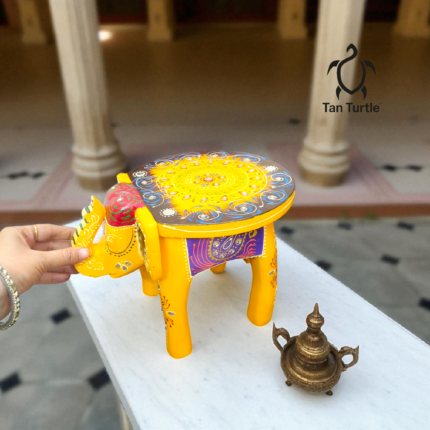 Tan Turtle Hand-Painted Wooden Elephant Stool | Decorative Mini Side Table, Plant Stand & Home Décor Accent Multicolor