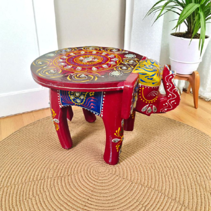 Tan Turtle Hand-Painted Mango Wood Elephant Stool | Decorative Mini Table, Plant Stand & Home Accent Furniture