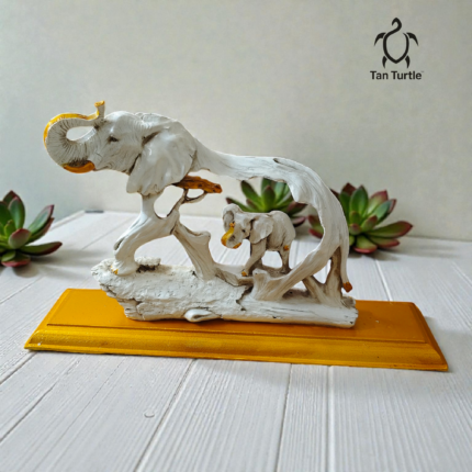 Tan Turtle Mother & Baby Elephant Decorative Showpiece | 30 cm Resin Elephant Statue on Wooden Base | Good Luck Feng Shui Home Decor for Living Room, Office & Gifting