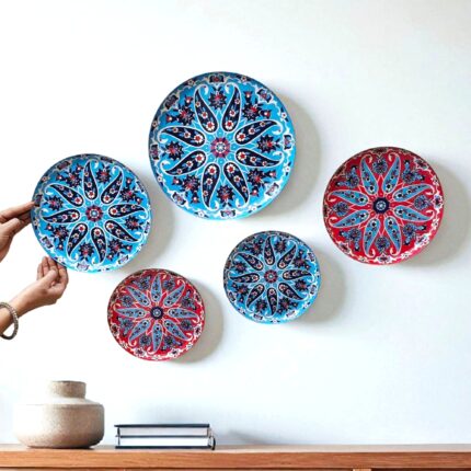 Tan Turtle Decorative Metal Wall Plates for Home or Wall Decoration (Turkish Floral, Red & Blue, Medium)