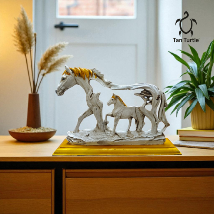 Tan Turtle Resin Horse with Foal Figurine | Decorative Showpiece for Home & Office Décor |Gigting| Good Luck Feng Shui | Size: 30 x 21 x 7 cm